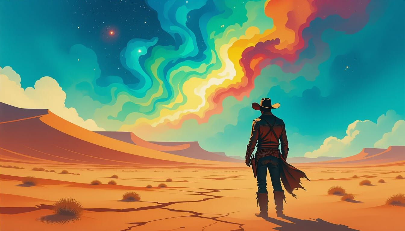 Cowboy Under Nebula Sky in Alcohol Ink Style