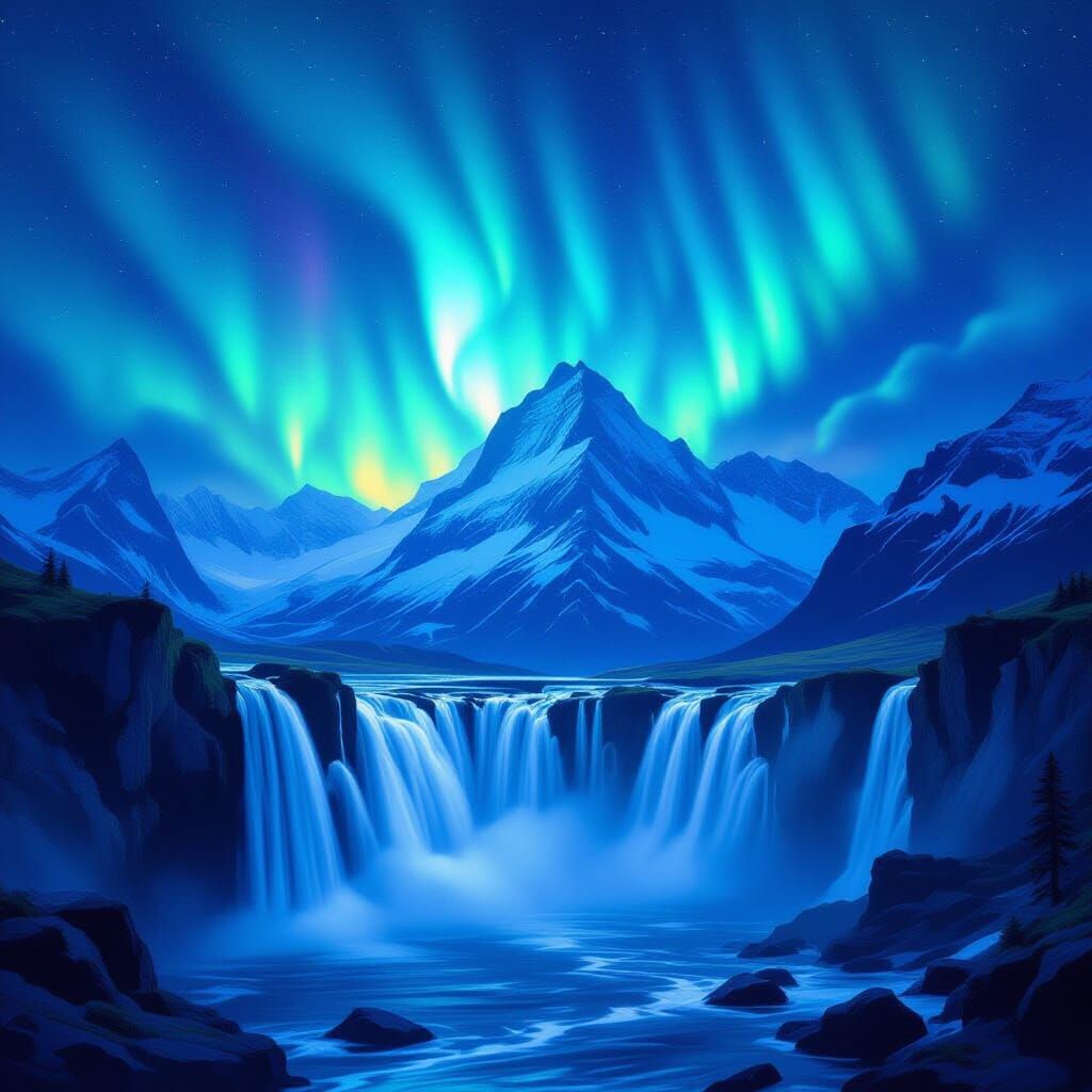 Majestic Mountain Waterfalls Under Aurora Night Sky