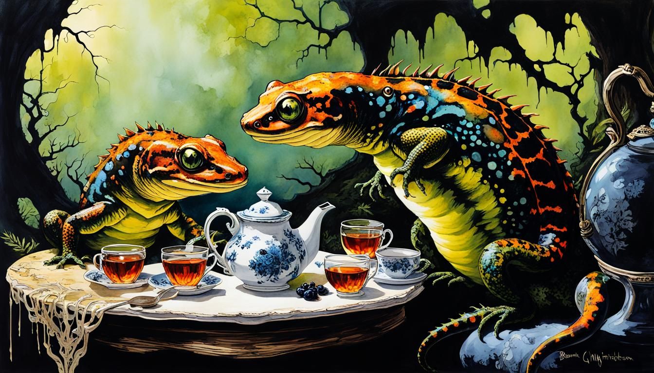 Haunted Salamander Tea Party in Alcohol Ink Style