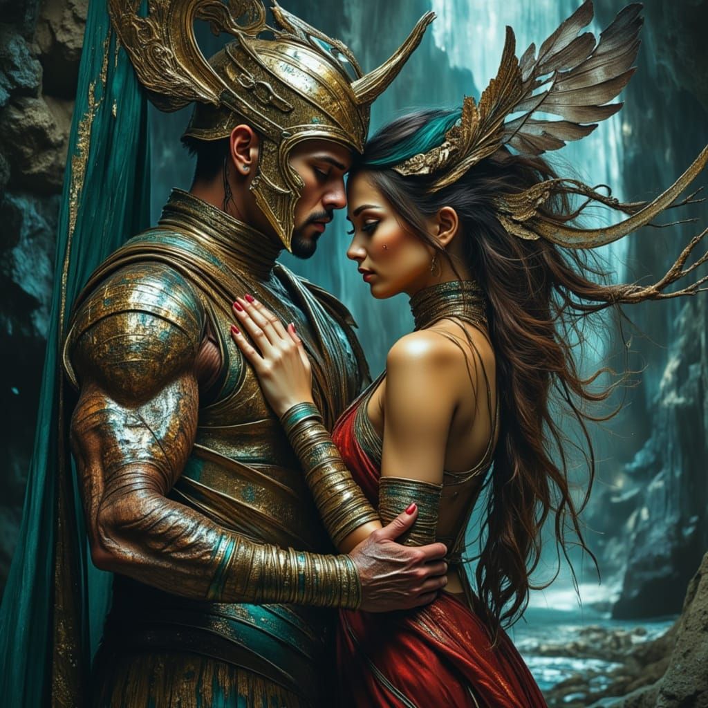 Greek Warrior and Medusa Embrace in Cavern