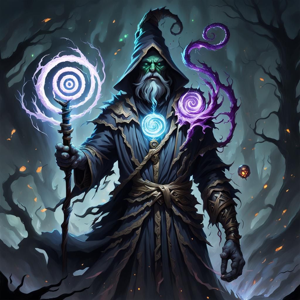Sinister Wizard Wielding Spiral Magic Staff