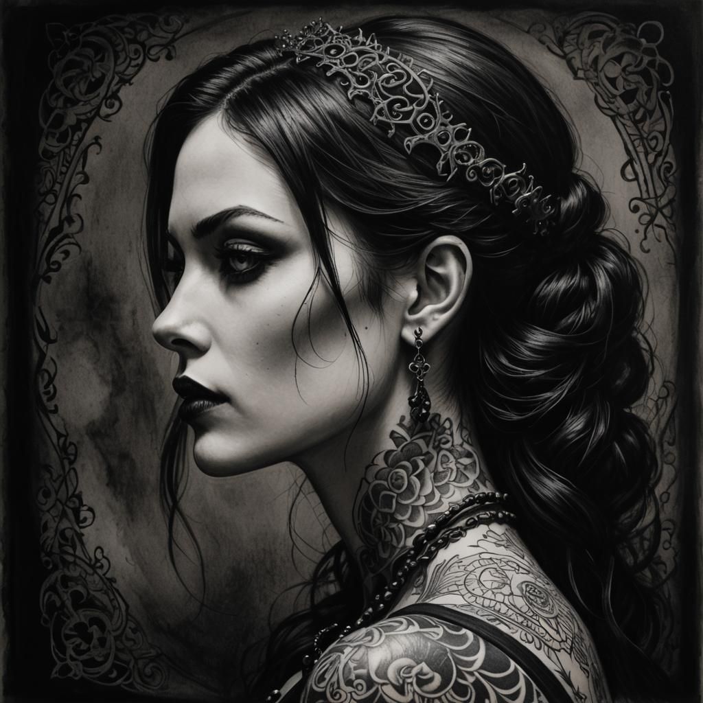 Gothic Girl Portrait in Charcoal Drawing Style