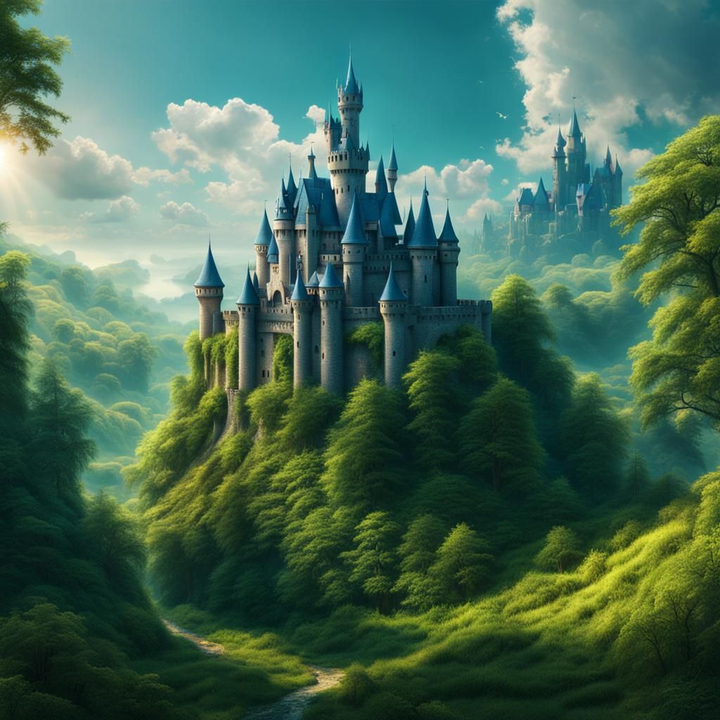 Sunlit Castle in Forest, Digital Matte Painting