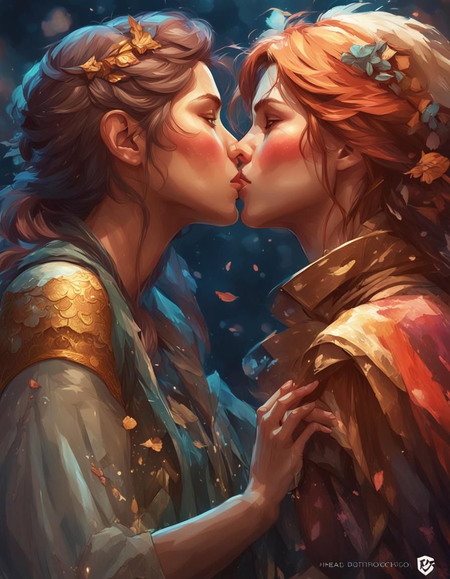 Passonate Girls Kissing: Hyperdetailed Concept Art Portrait