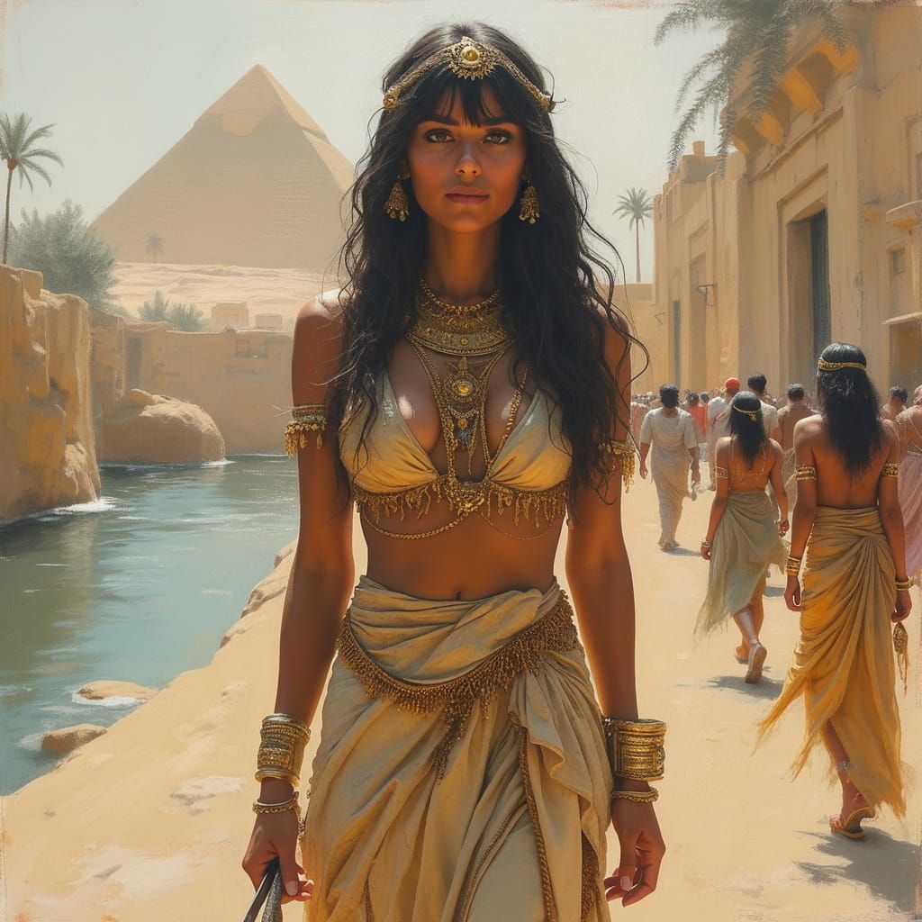 Impressionistic Oil Painting of a Golden Egyptian Goddess