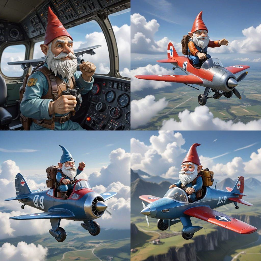 Gnome Flies Aircraft in Whimsical Scene