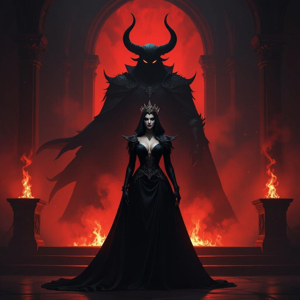 Masked Queen in Firelit Throne Room