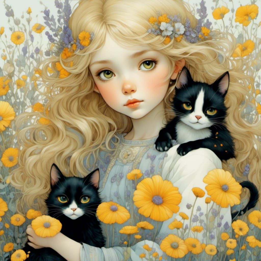 Woman and Cat Under Floral Comforter