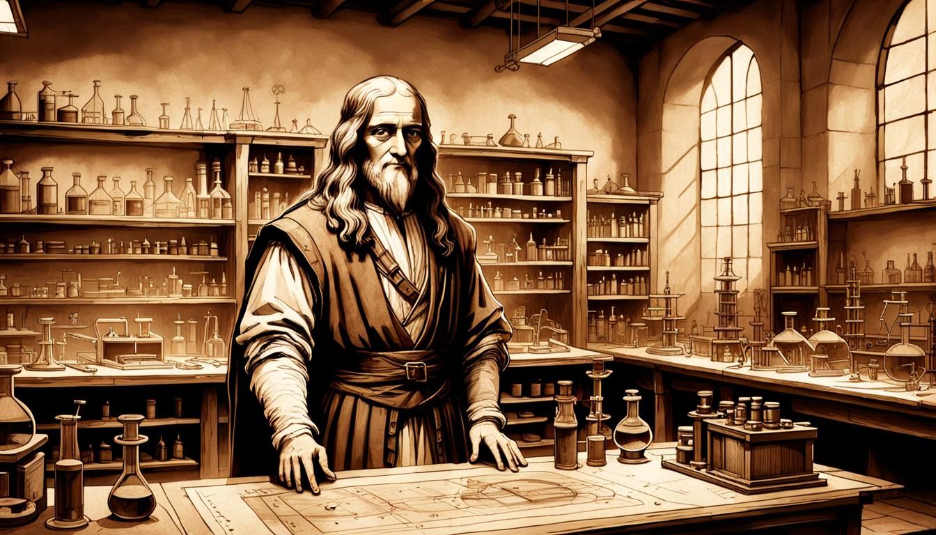 Da Vinci in Sepia-Toned Steampunk Laboratory