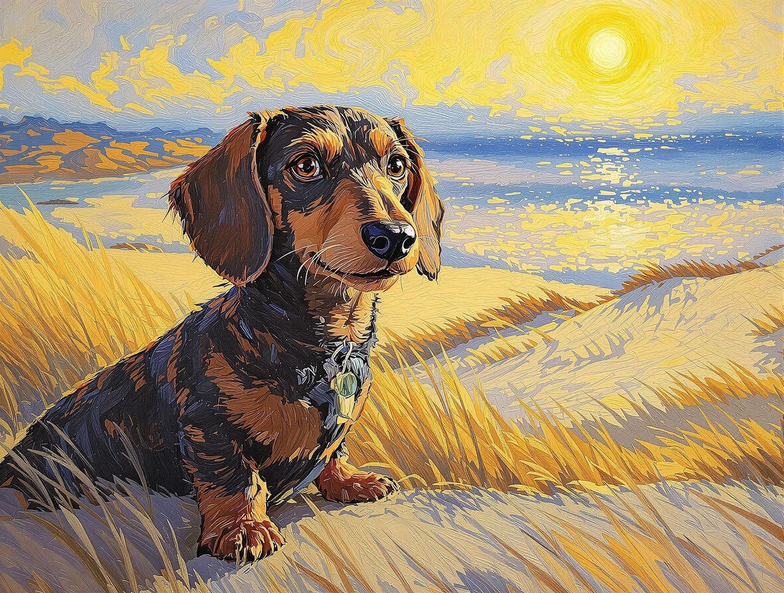 Playful Dachshund in a Vibrant Van Gogh-Inspired Landscape