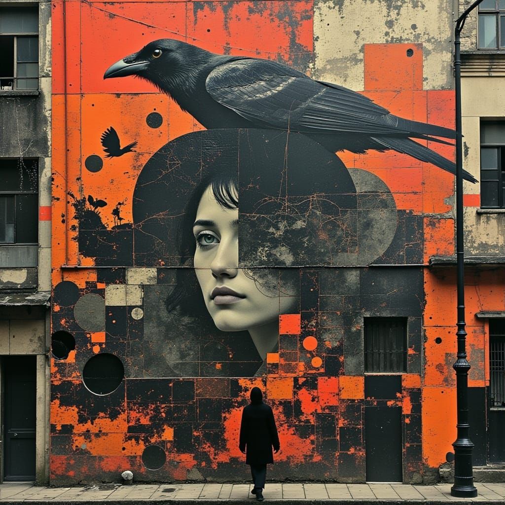 Crow in Abstract Mural with 3D Rendering