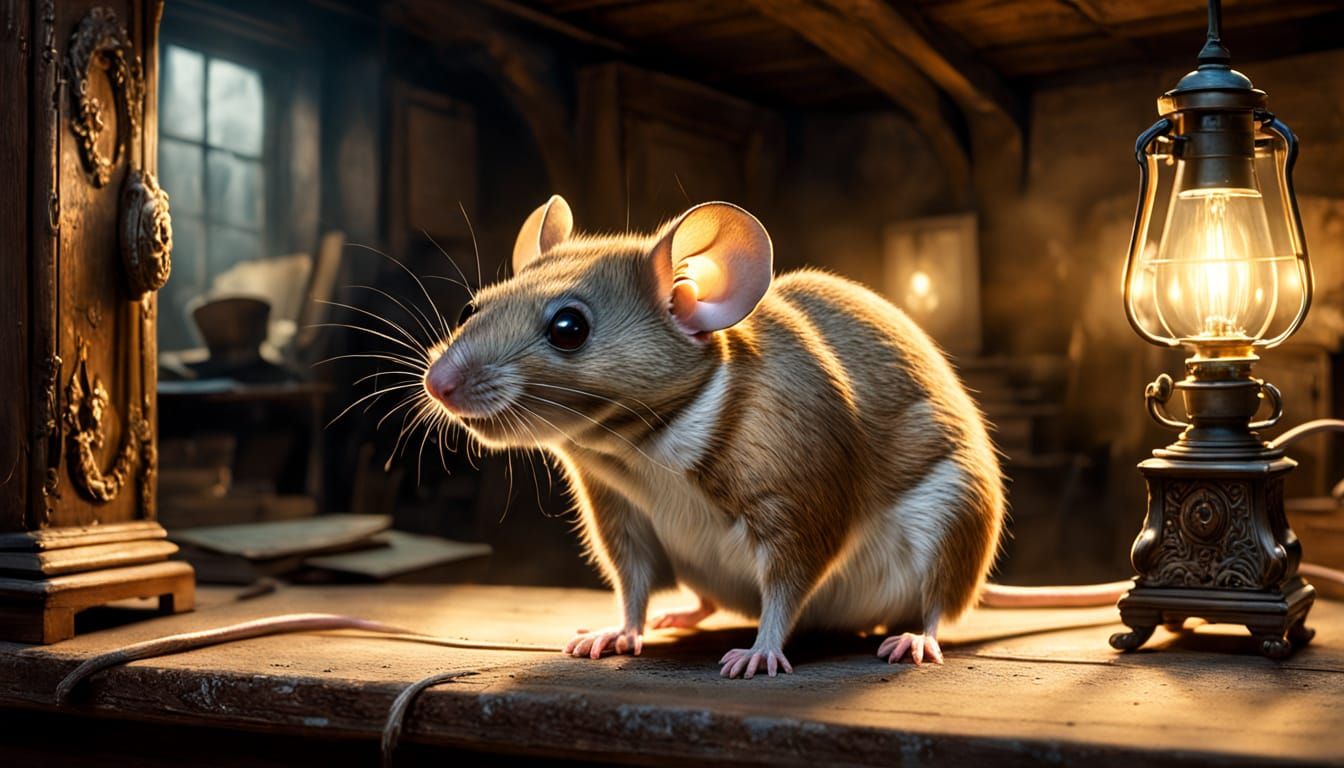 Mouse in Attic: Whimsical Surrealism in Impressionist Style