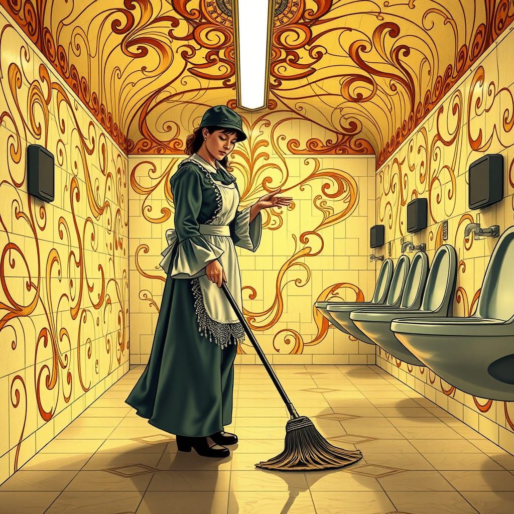 Sanitation Worker in Elegant Art Nouveau Restroom