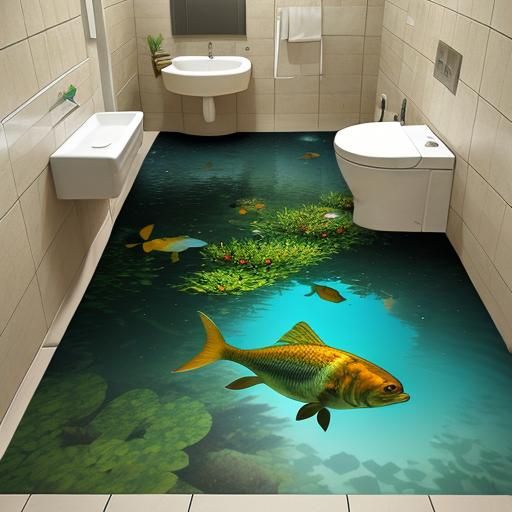 3D Floor Sticker: Fish Pond Illusion in Restroom