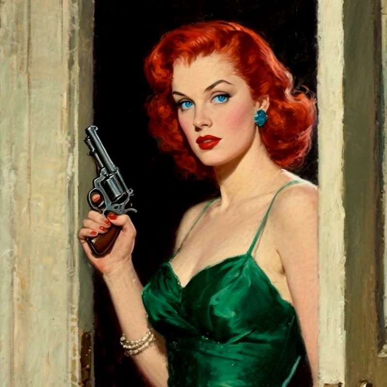 Elegant Woman with Pistol in Retro Oil Painting Style