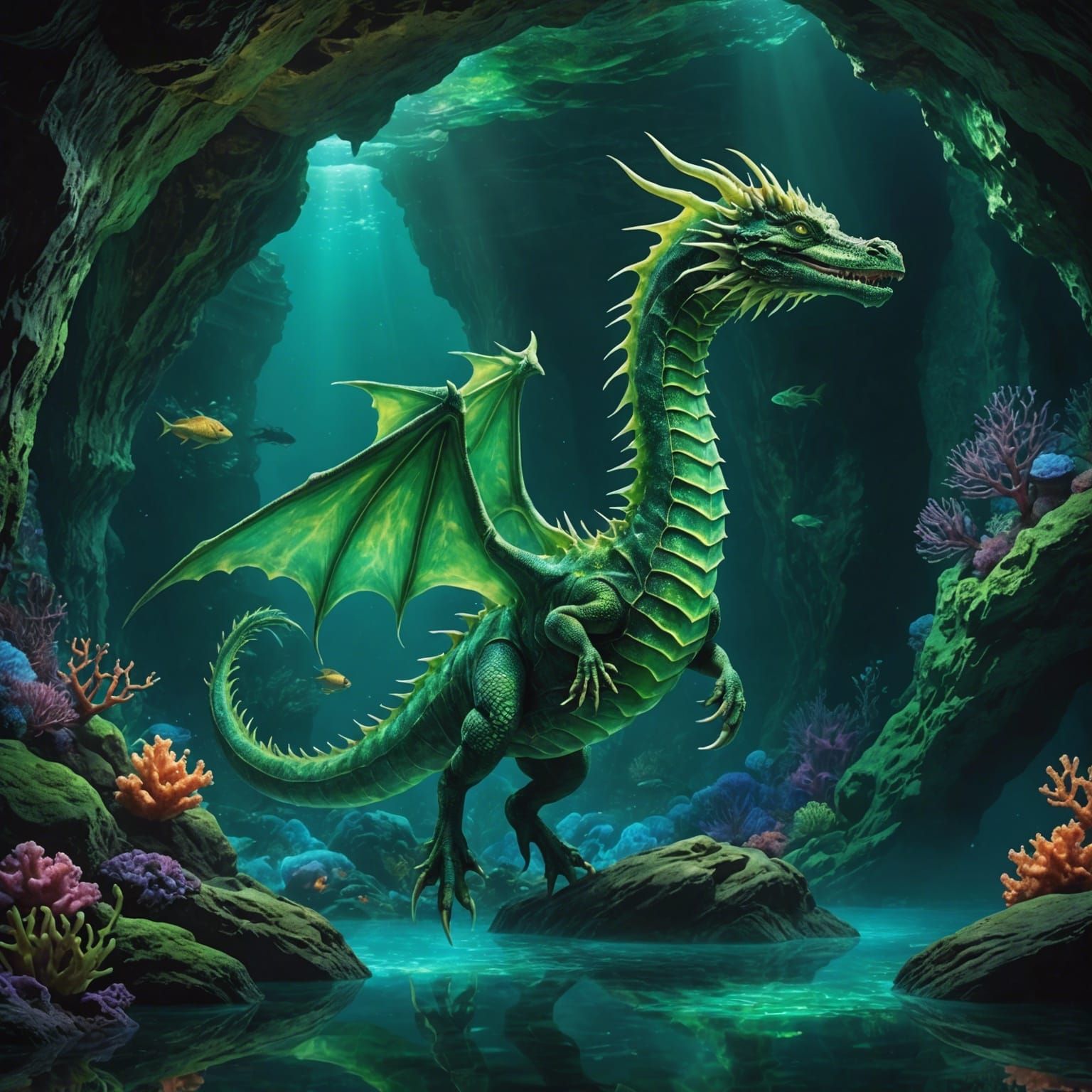 Bioluminescent Sea Dragon in Underwater Cavern