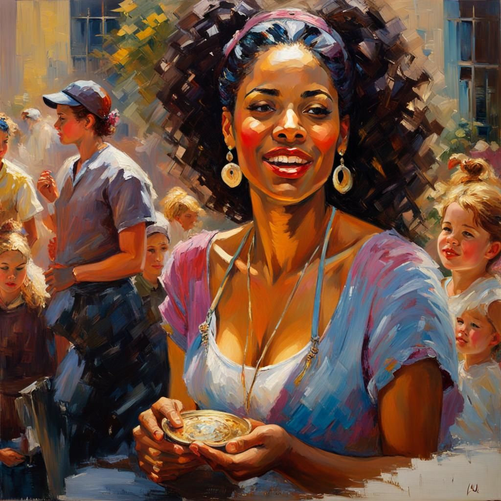 Black Woman Finds Coin: Impressionist Impasto Painting