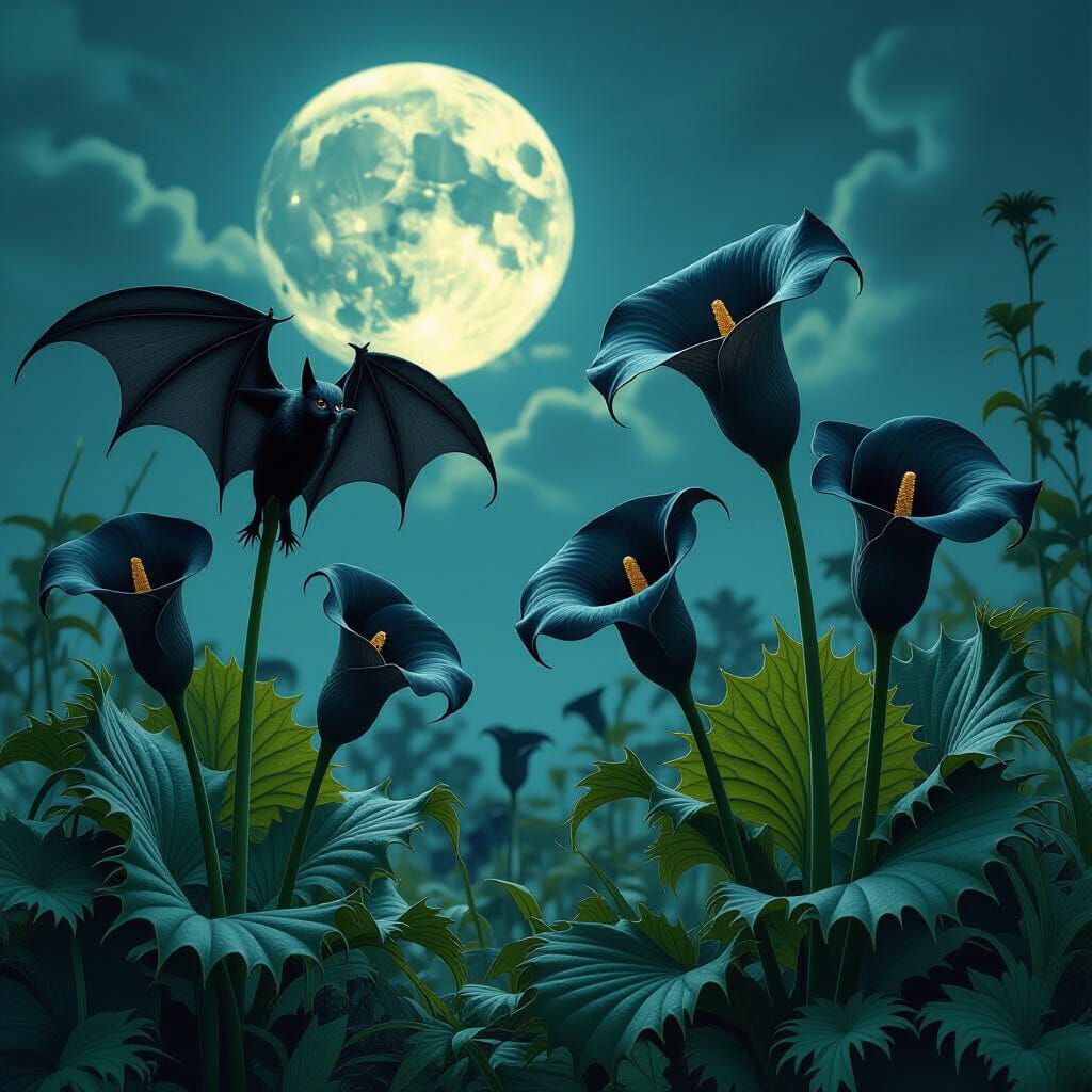 Eerie Gothic Garden with Black Bat Flowers in Burton Style