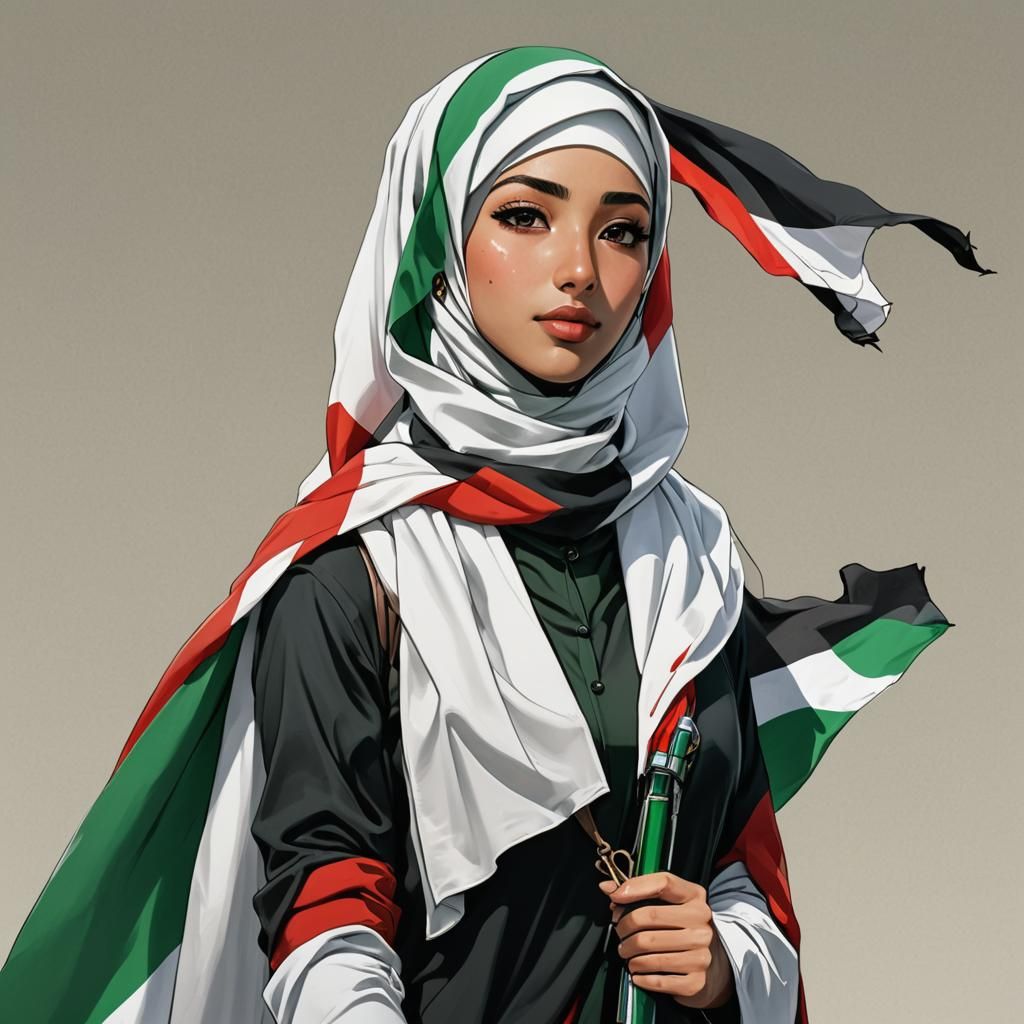 Woman in Hijab Holding Palestine Flag: Anime Style