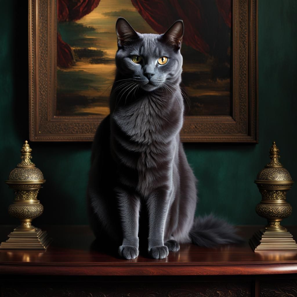 Regal Russian Blue Cat on Mahogany Bookshelf in Chiaroscuro ...