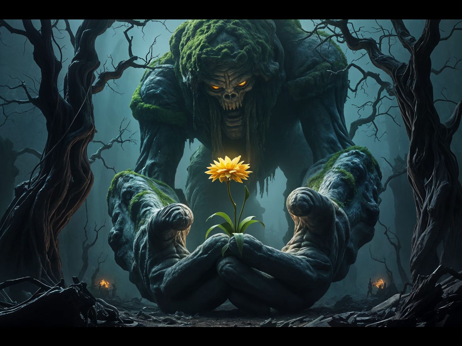 Moss Golem in Haunted Forest with Glowing Flower