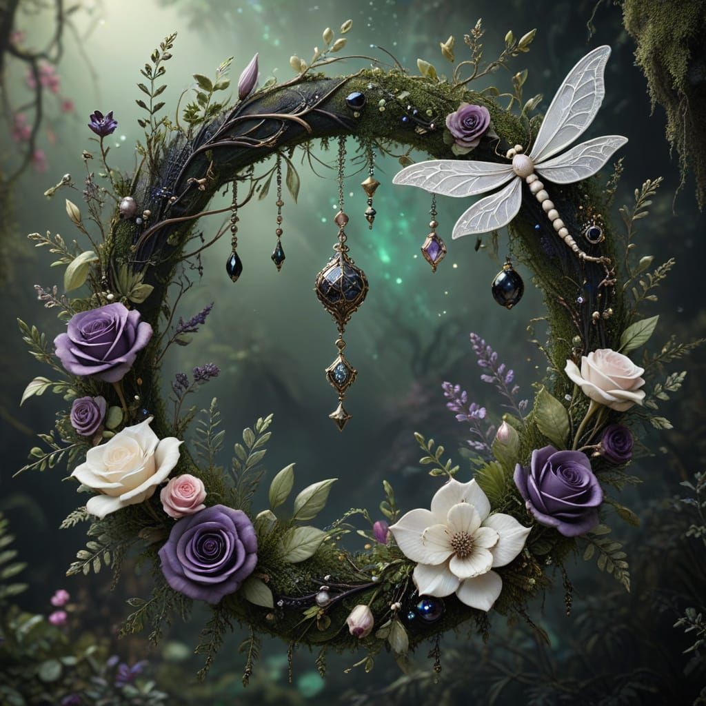 Whimsical Crescent Moon Wreath in Mixed Media Style