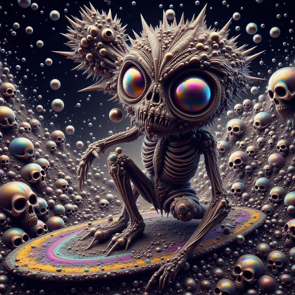 Gilded Skeleton Surfing Skull Sea in Decorative Style