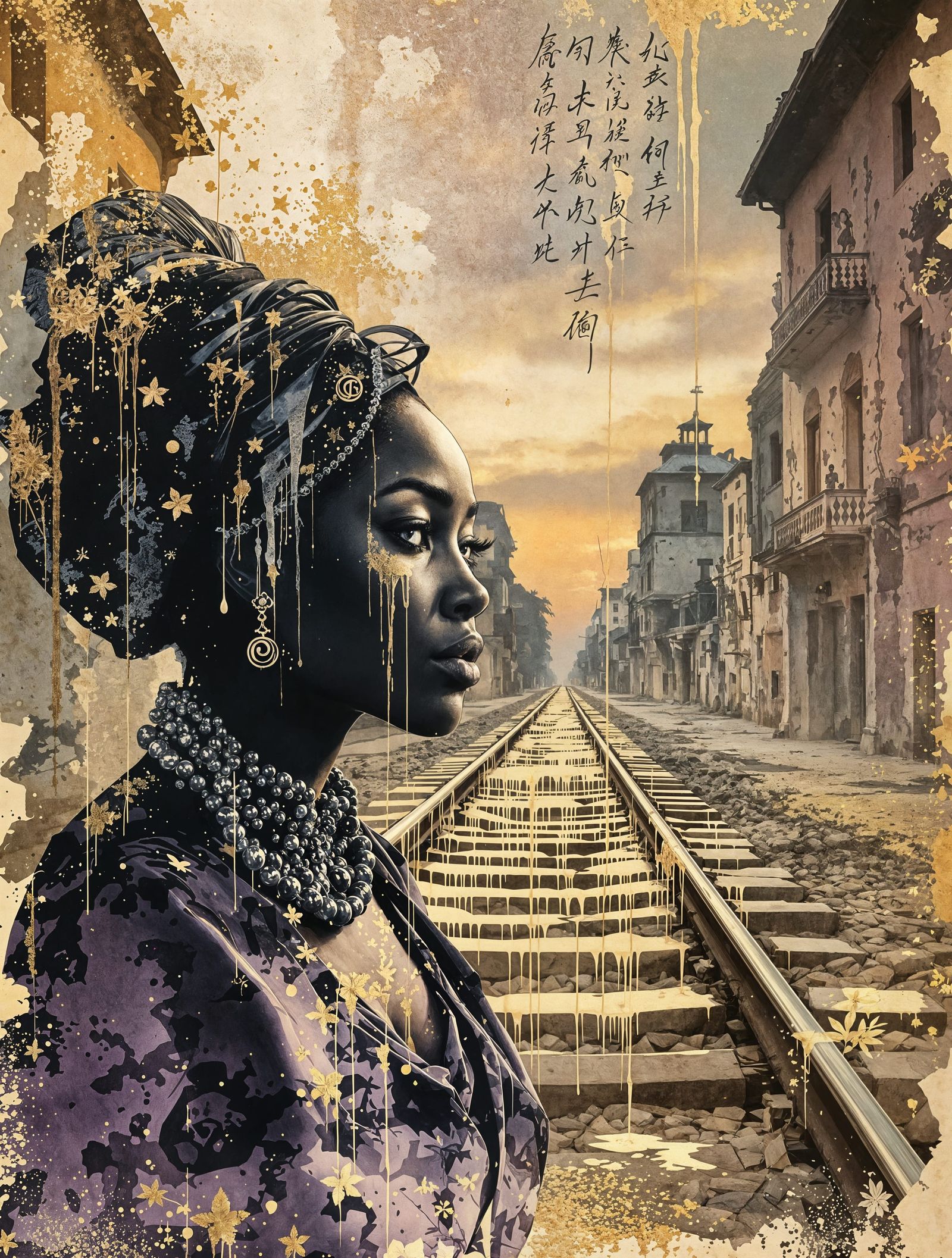 Surreal African Woman in Twilight Landscape with Crumbling C...