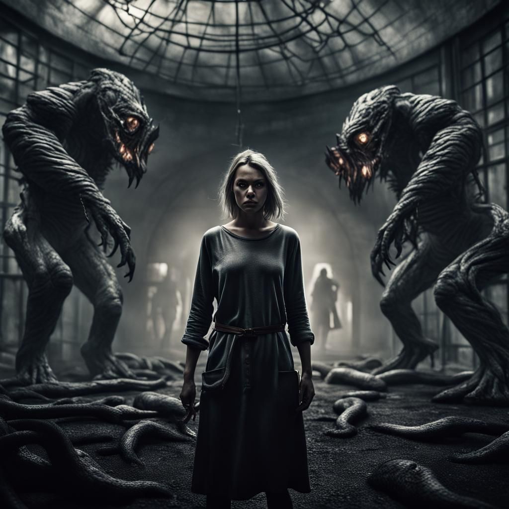 Woman Held Captive by Monsters: Hyperrealistic Detail