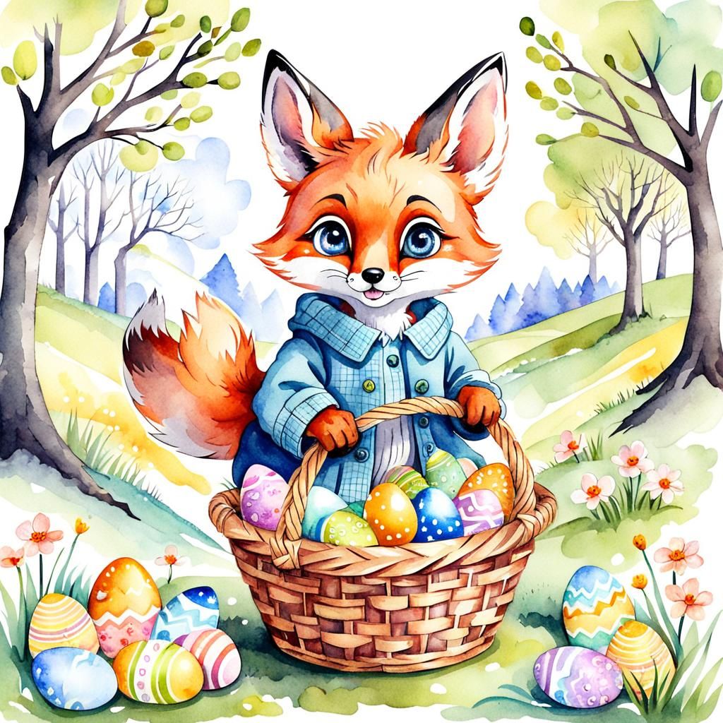 Cute Fox with Easter Basket, Watercolor Cartoon