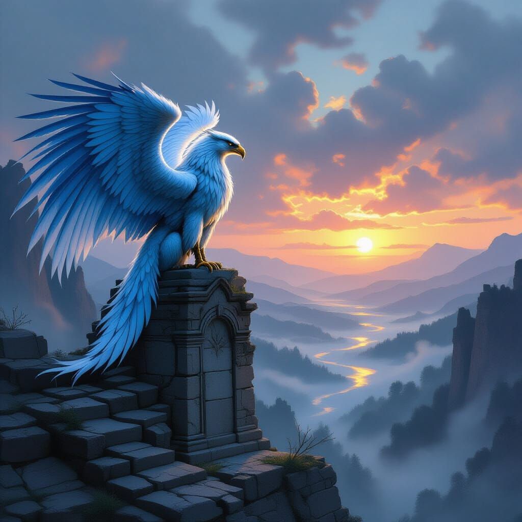 Majestic Griffin Surveys Misty Valley in Dark Fantasy Art