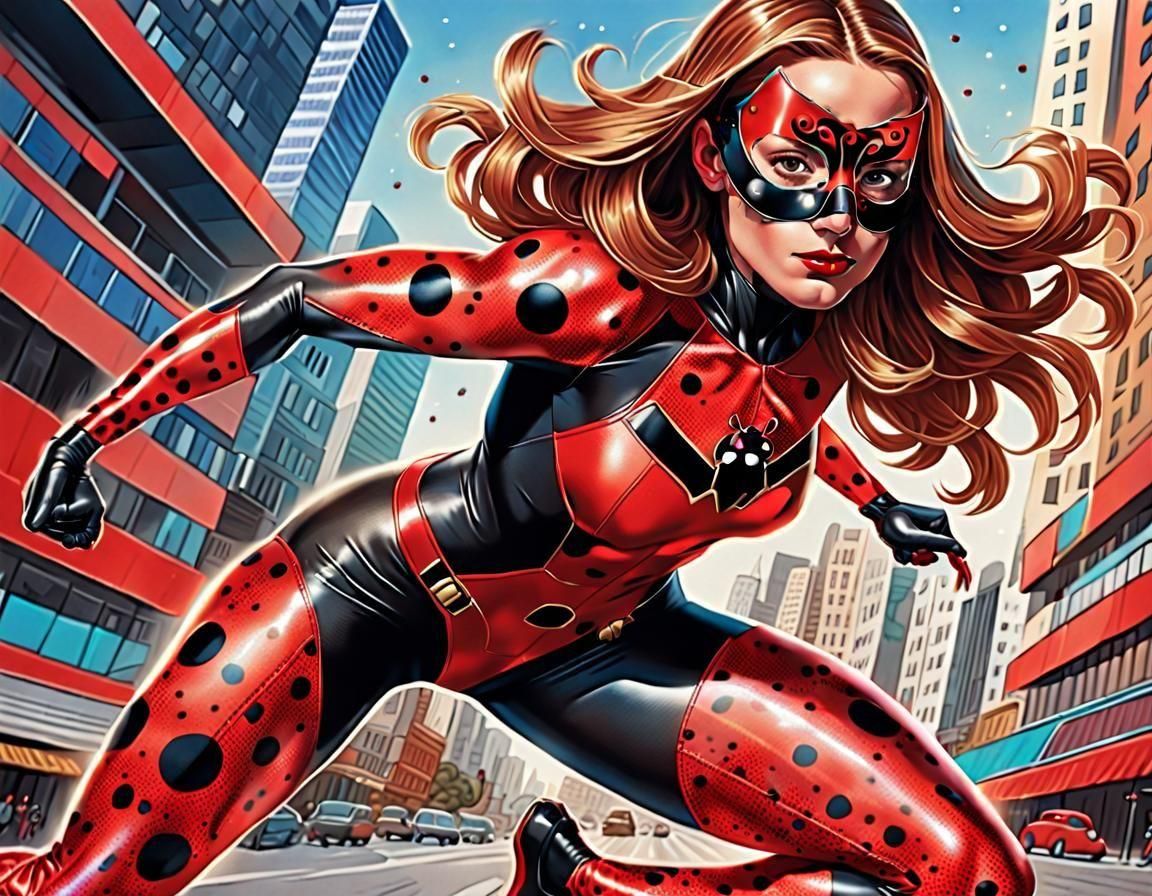 Ladybug Mask: Vivid Comic Art in Pablo Amaringo Style