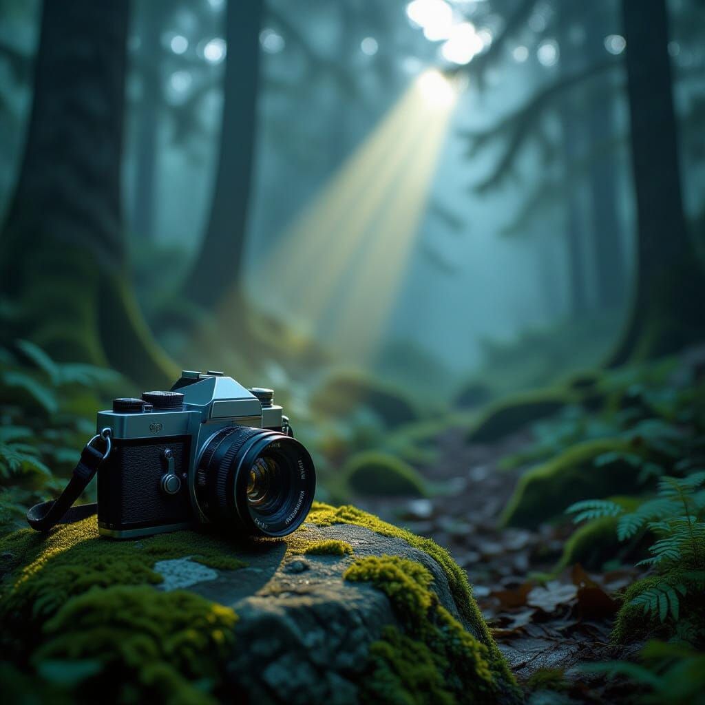 Mystical Forest Path Illuminated by Vintage Camera