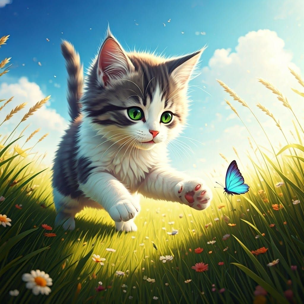 Kitten and Butterfly in Sunny Meadow, Anime Art