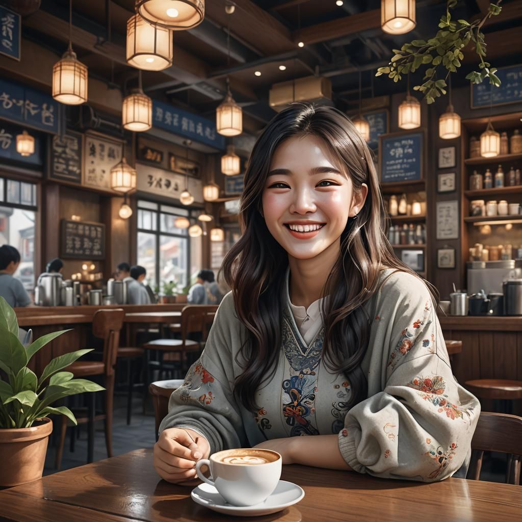 Korean Woman Enjoying Coffee: Detailed Matte Painting