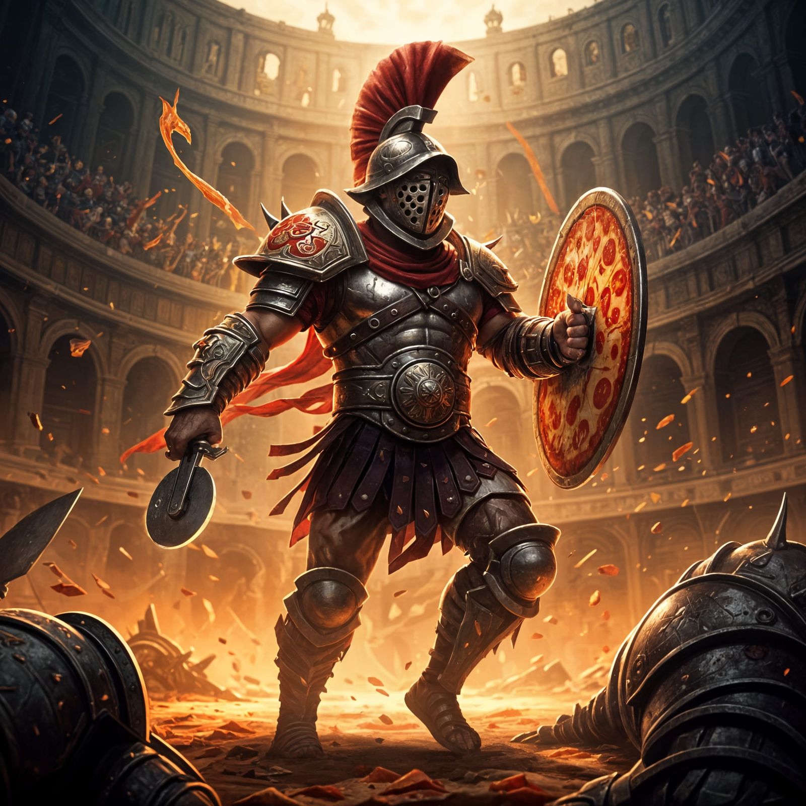 Pizza Gladiator Concept Art in Dark Fantasy Style