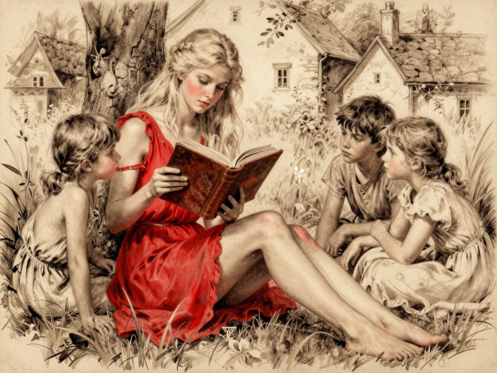 Norse Goddess Reading to Children in Sunny Village