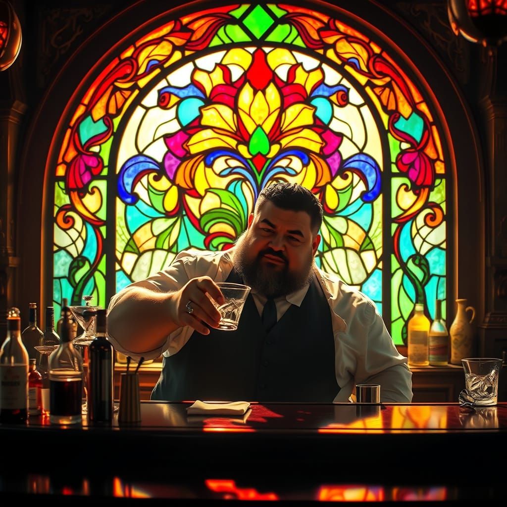 1920s Bartender with Art Nouveau Stained Glass