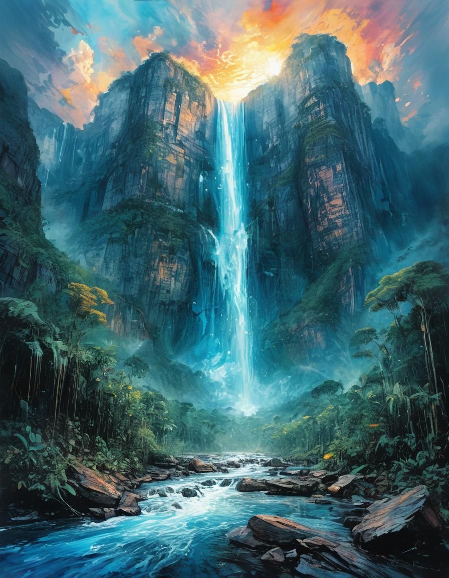 Angel Falls Venezuela in Stylized Watercolor Art