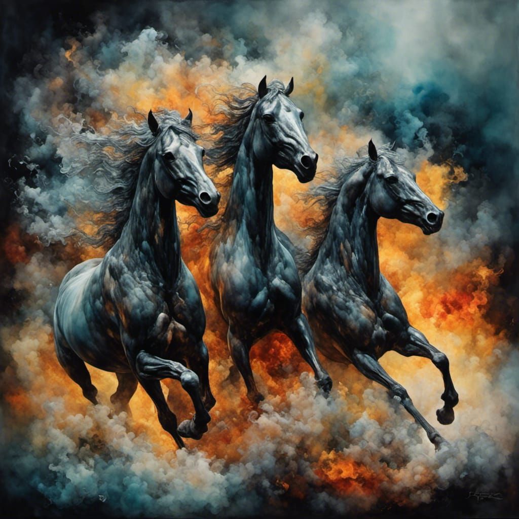 Photorealistic Fire Horse Galloping with Colored Smoke