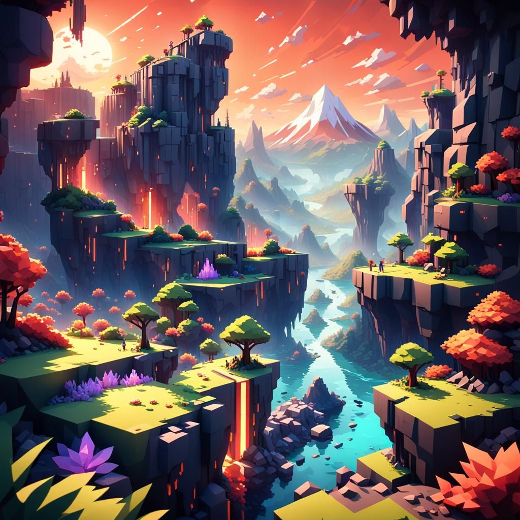 Blocky Mystical Realm with a Lone Hero in 3D