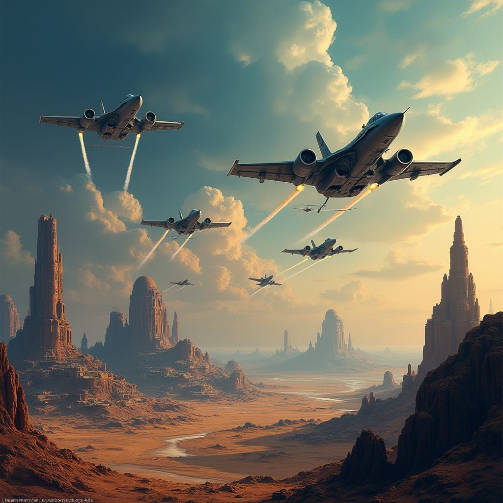 Futuristic Jets Soar Over Alien Ruins: Retro-Futurism