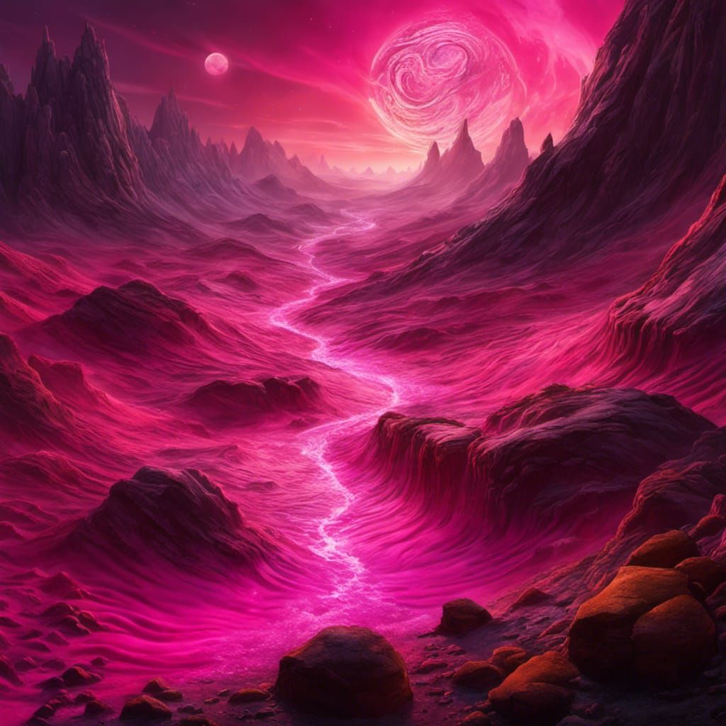 Radioactive Pink Creek in Biopunk Fantasy Landscape