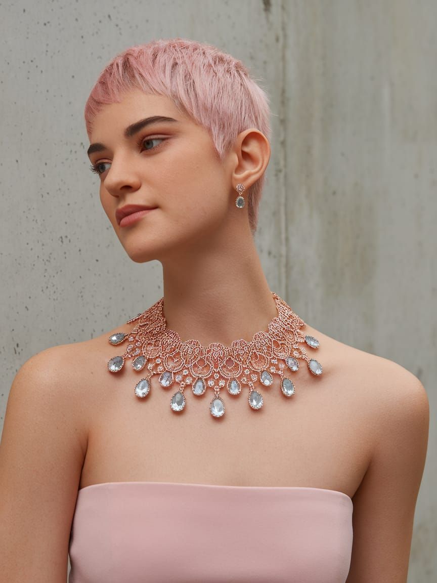 Rose Gold Filigree Necklace with Aquamarine Gems