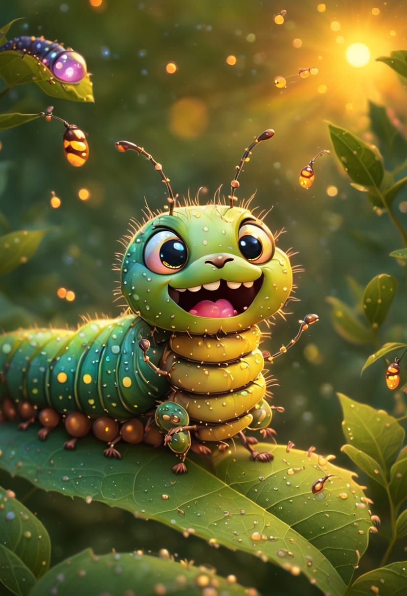 Joyful Caterpillar in Twilight, Whimsical AI Art