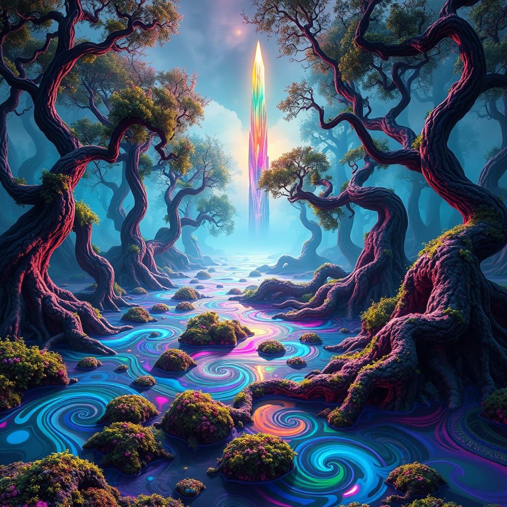 Swampy, Dreamlike Fractal Landscape in Iridescent Colors