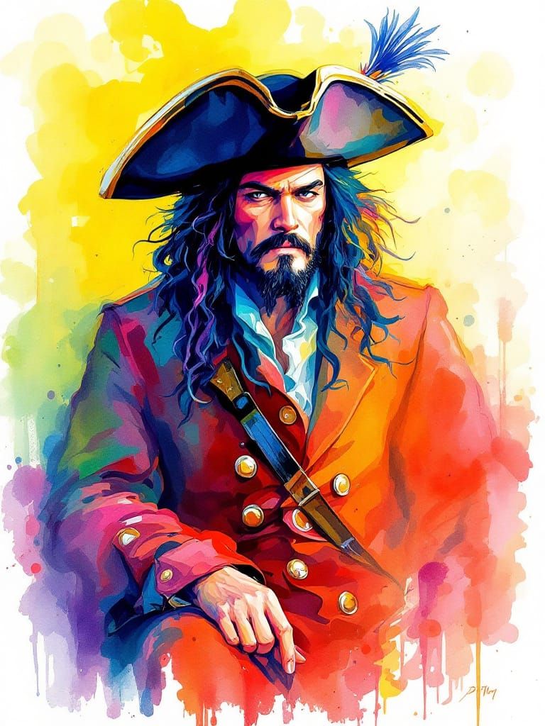 Vibrant Watercolor Portrait of a Pirate in Fauvist Style