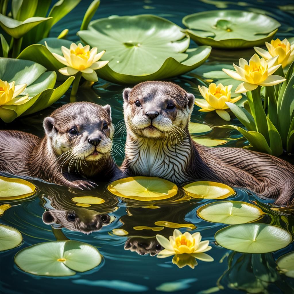 Playful Otter Cubs in Iridescent Pond