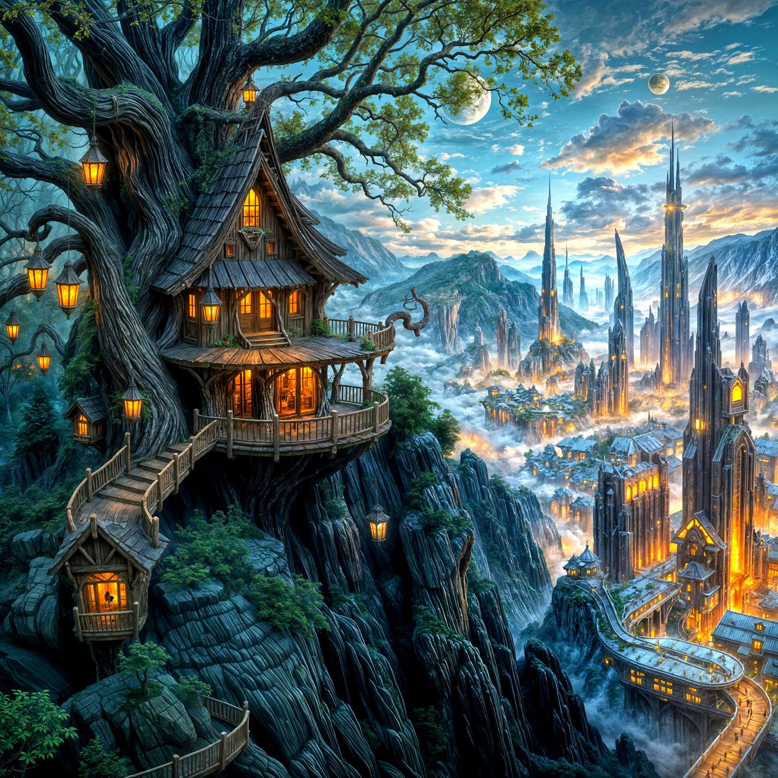 Ethereal Treehouse Oasis Over Cyberpunk Metropolis