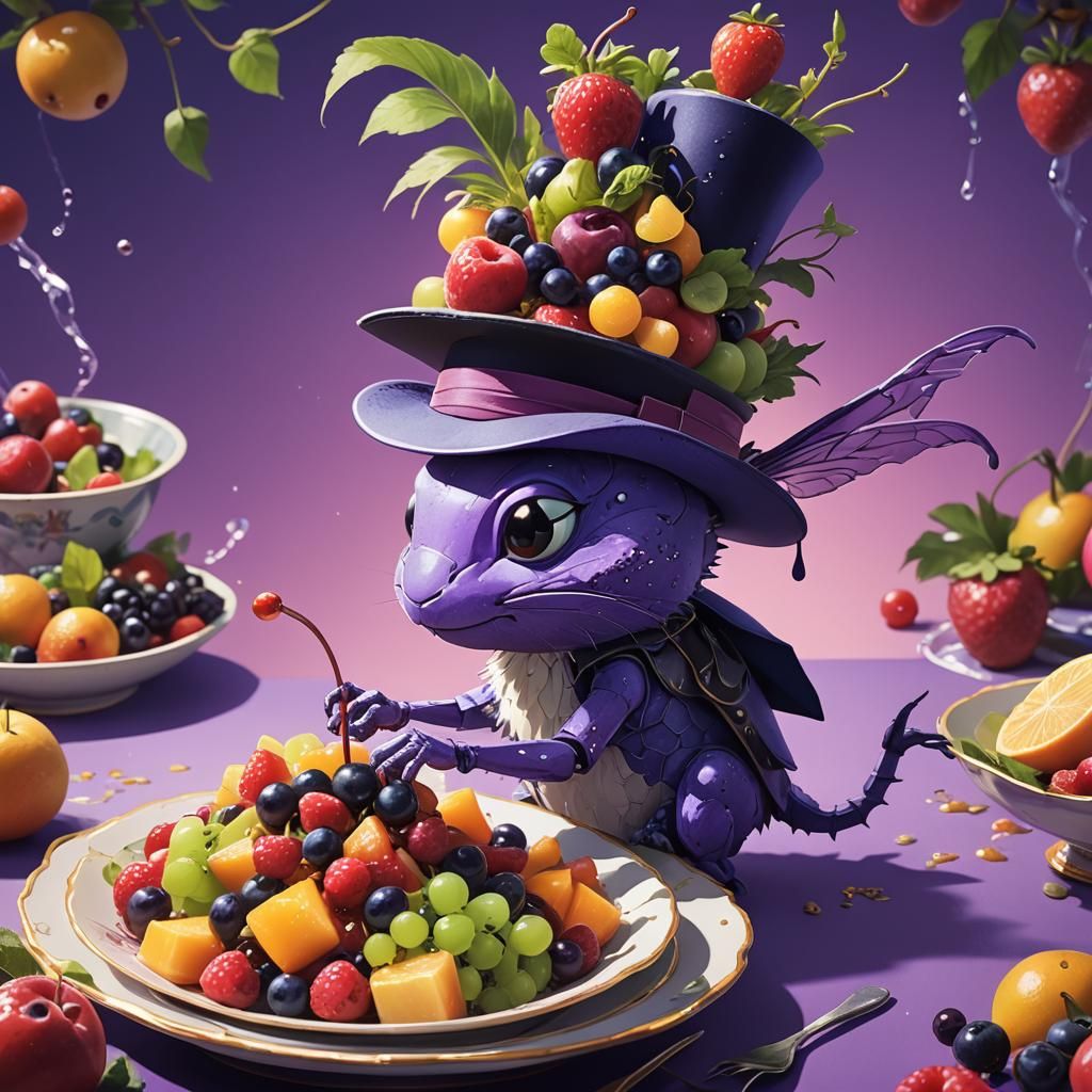 Purple Grasshopper Enjoys Fruit Salad, Studio Ghibli Style
